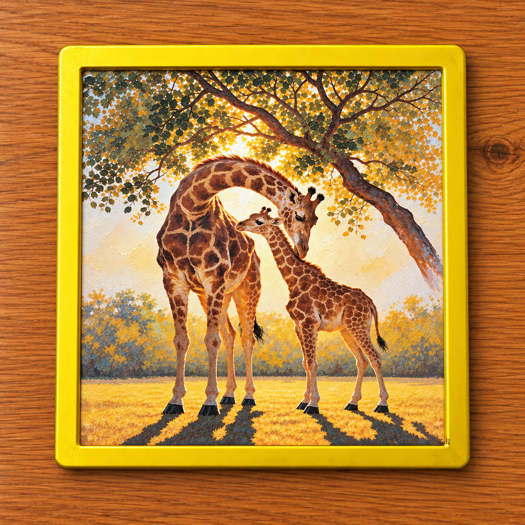 Grooming | Mother & Baby Giraffe Art Print | Animal Wall Art