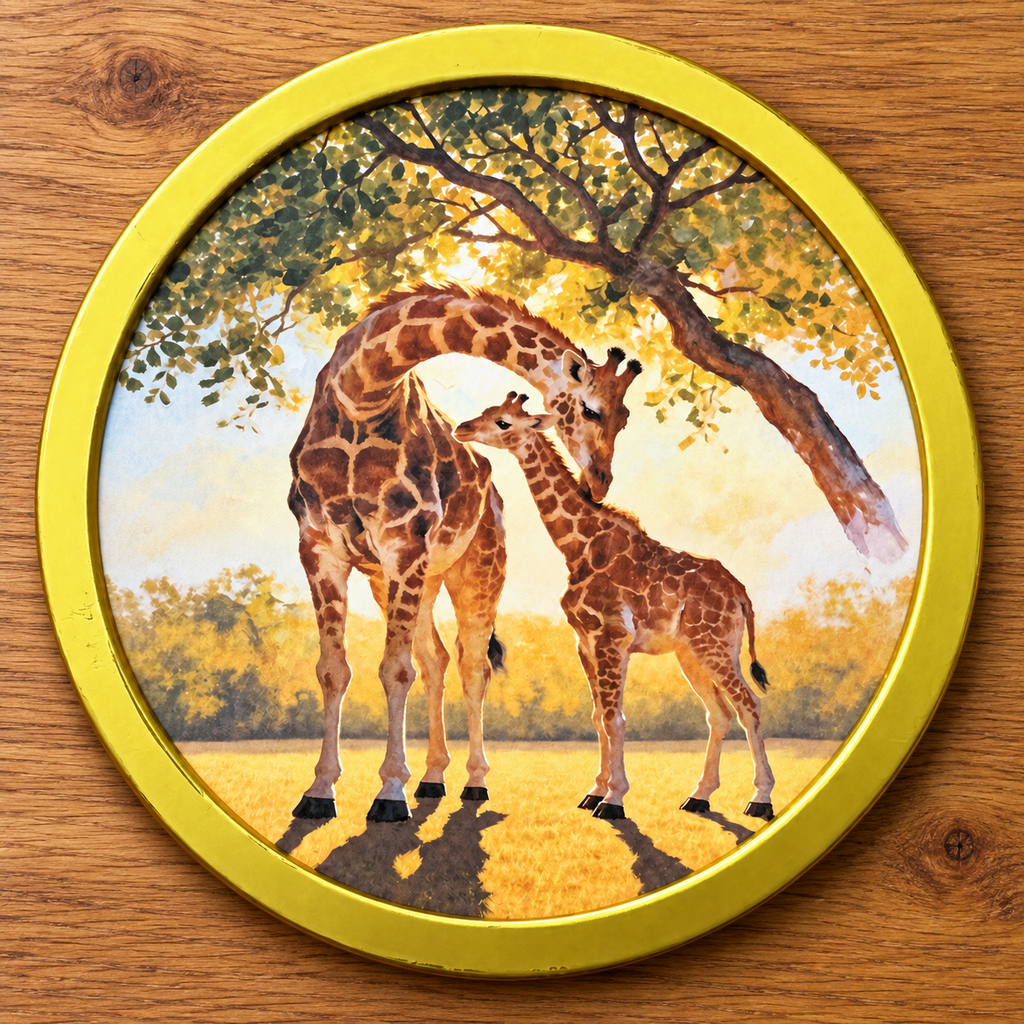 Grooming | Mother & Baby Giraffe Art Print | Animal Wall Art